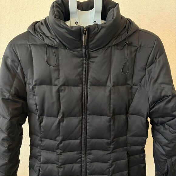 Calvin Klein Down Puffer Jacket Women Medium Black Hooded Snow Winter Outerwear - Picture 2 of 9